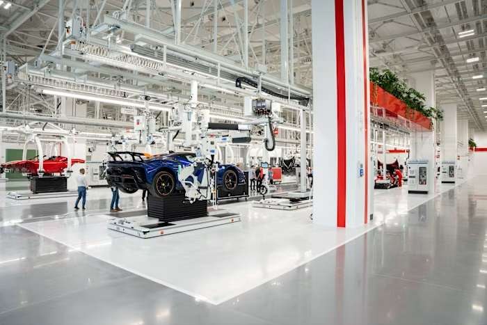 Ferrari’s electric car production line in Maranello, Italy